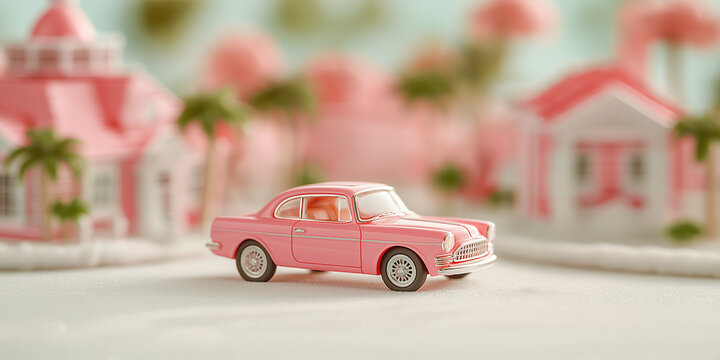 Tiny pink classic car on white sand with blurred pink houses