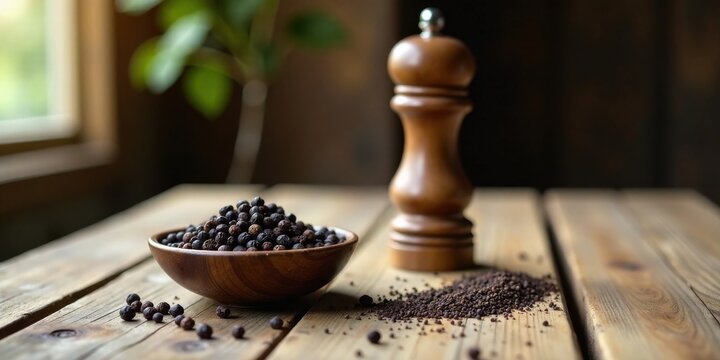 Aromatic peppercorns in a wooden bowl, next to a pepper grinder on a rustic wooden table, bathed in soft natural light