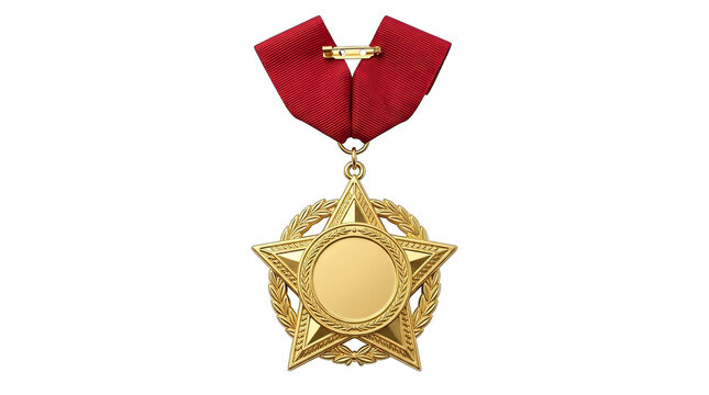 A stunning golden award medal with a vibrant red ribbon beautifully presented and isolated on transparent background