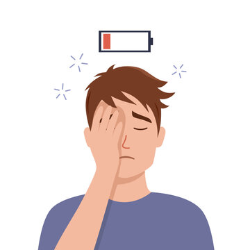 Tired Man with low battery in flat design. Exhausted person having no more energy 