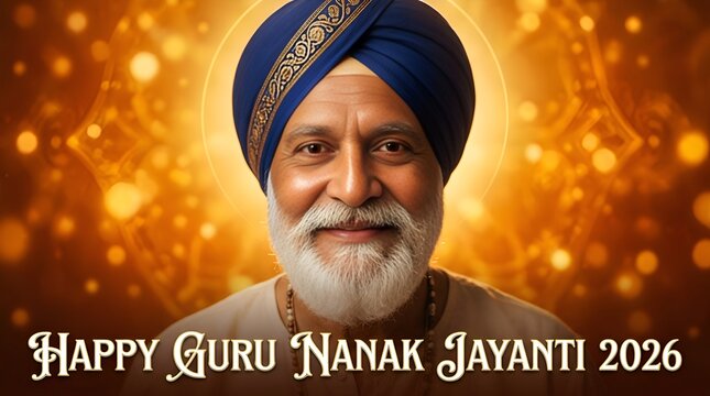 Smiling Sikh Man in Turban, Guru Nanak Jayanti Celebration, Diwali Lights Background