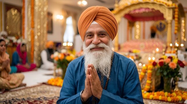 Smiling Sikh Man in Turban Praying in Gurdwara with Hands Clasped