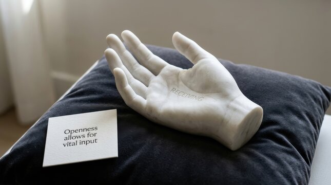 White marble hand sculpture on dark fabric