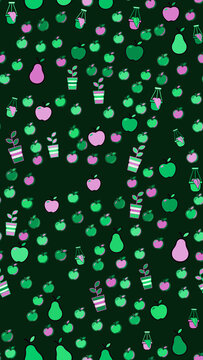 Seamless pattern of apples, pears, and potted plants