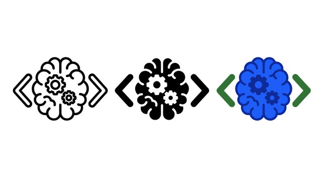 Brain circuit inside coding brackets symbol and gears icon set with brackets