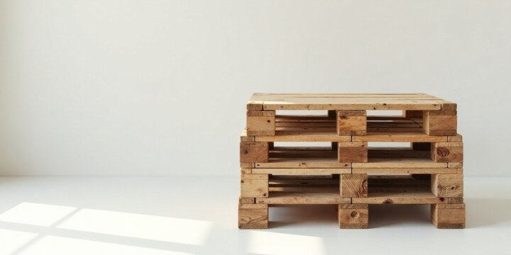 Rustic wooden pallet arrangement on a minimalist white surface, bathed in soft natural light