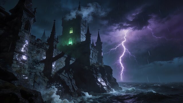 Spooky gothic castle during a fierce thunderstorm at night