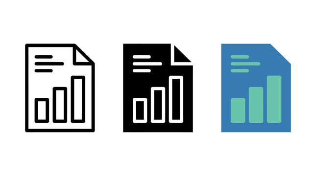 Set of document icons showing statistical bar chart growth on a financial report sheet