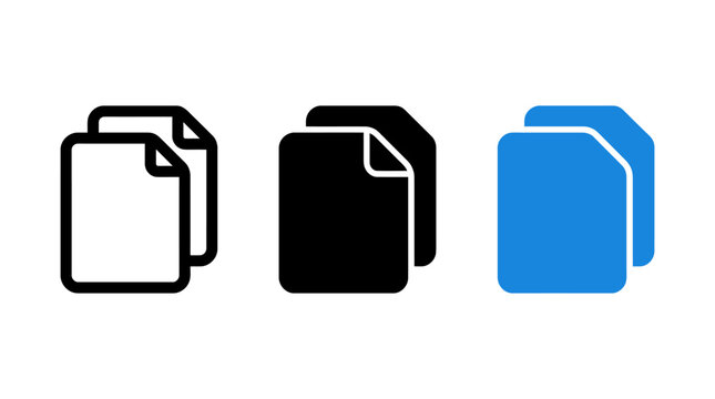 Set of three document page stack icons in outline solid and blue color styles with document