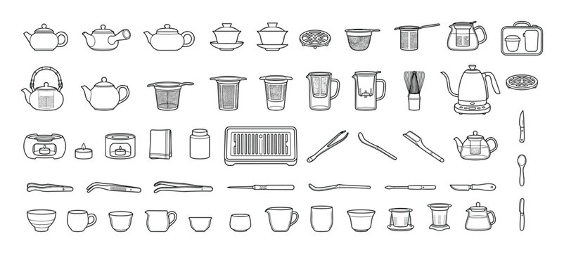 Traditional tea ceremony utensils set with teapot and accessories.