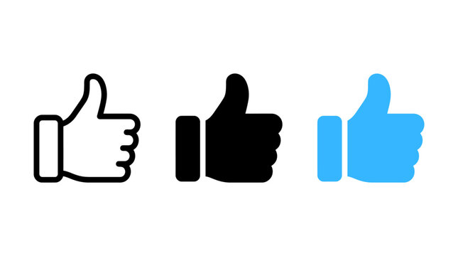 Thumbs up social media like button icons in outline solid and blue styles with positive