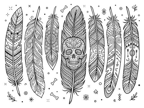Bohemian tribal feathers with sugar skull, ethnic hand drawn bird feathers set, black and white boho vector illustrations for coloring