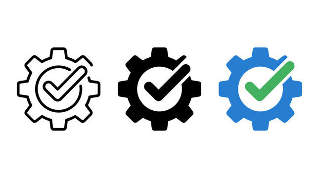 Set of gear cogwheel icons with checkmarks representing optimized settings and verification