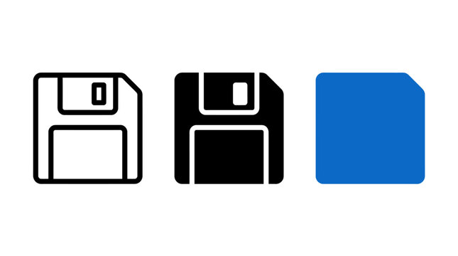 Set of three floppy disk icons in outline solid and blue styles with computer