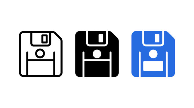 Three computer floppy disk icons with circular elements in linear and colored styles