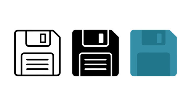 Three variations of floppy disk icons with outline solid and colored designs