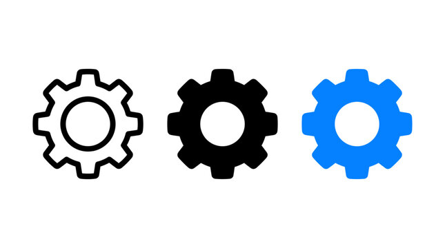 Set of three gear icons in outline solid and blue styles with mechanic technical settings