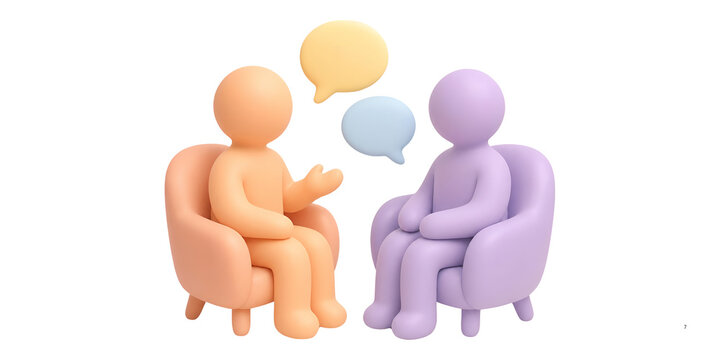 Minimalist 3D characters in conversation, stylized clay figures sitting in armchairs with speech bubbles, mental health therapy concept