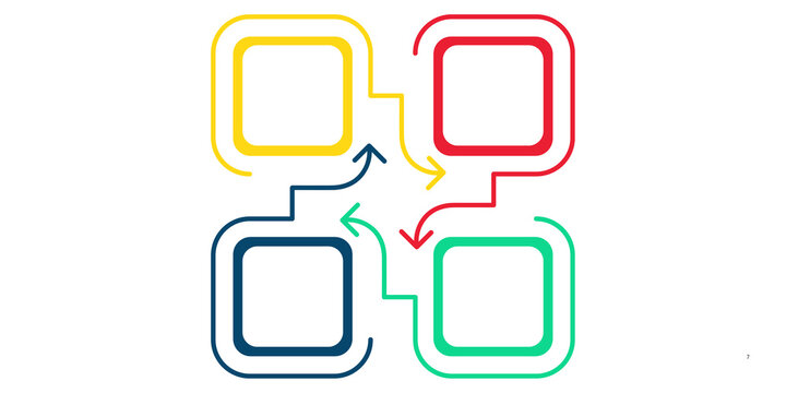 Colorful infographic flowchart with four square frames. Abstract business process diagram with arrows. Minimalist data visualization layout.