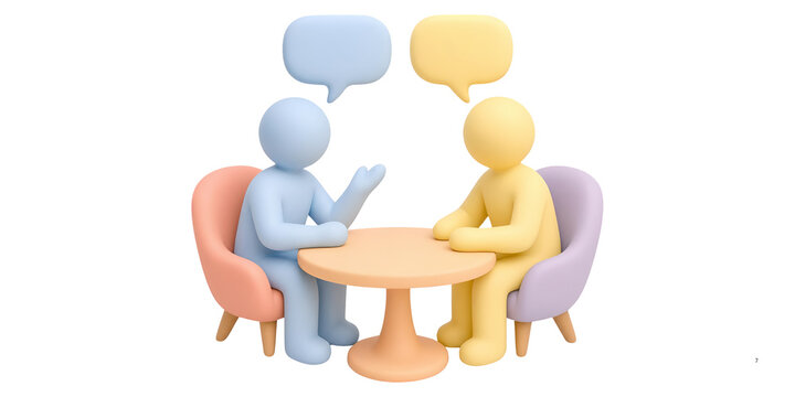 Minimalist 3D characters in business meeting, pastel figures talking at round table, professional communication and dialogue concept