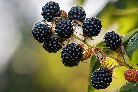 Reife schwarze Brombeeren an einem Ast