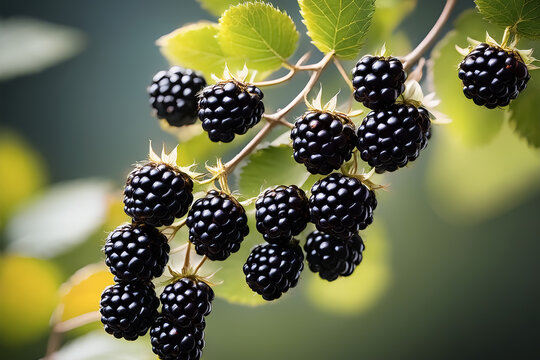 Reife schwarze Brombeeren an einem Ast