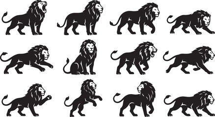 Obraz premium Collection of black silhouette of lions in various dynamic poses including walking, roaring, and sitting on white background
