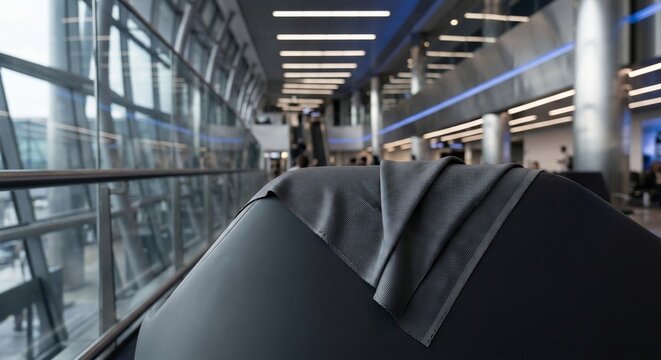 Modern airport terminal interior with dark fabric draped over seating