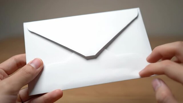 Close-up of holding a white envelope with both hands, close-up of opening a white envelope with your hands