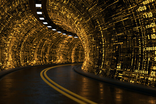 A dark futuristic digital tunnel with glowing yellow binary code and neon lights curves into the distance.