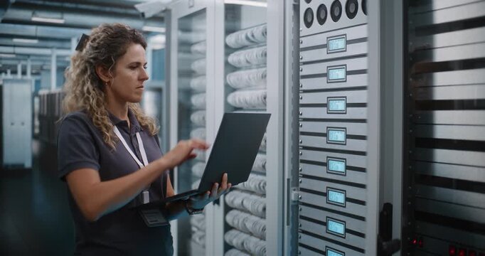 Female Network Administrator Types on Laptop while Analyzing Server Rack Hardware Modules and Cabling. Cybersecurity Management and Cloud Storage Audit Safeguard Critical Enterprise databases.