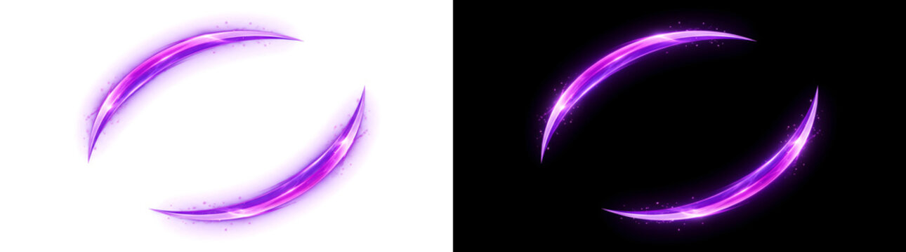 Purple glowing crescent streaks forming a circle shape with sparkles for design in PNG, Transparent and Black Background Versions