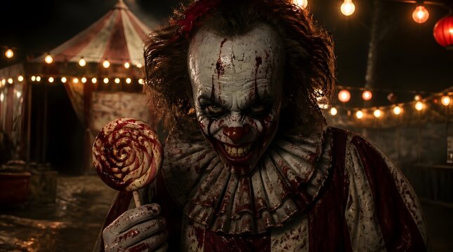 Creepy bloody clown holding a lollipop in carnival setting