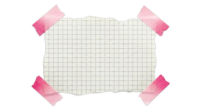 A torn piece of lined paper secured with pink tape perfect for digital design and presentations isolated on transparent background
