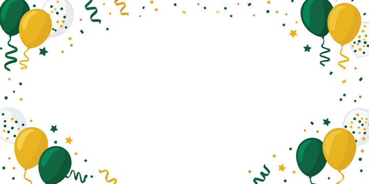 Green and yellow party balloons and confetti frame with party supplies background celebratory background balloon arch streamers blank center decor colorful decor