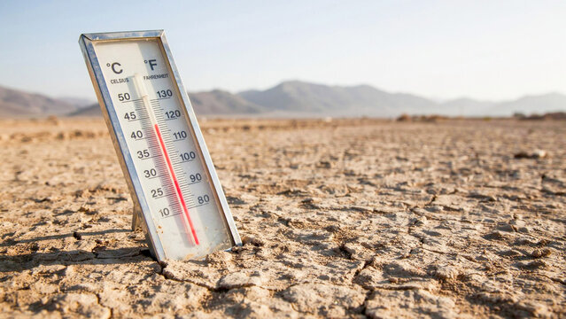 High angle view of a thermometer showing extreme heat conditions on a dry parched desert ground with cracked earth during a global climate crisis