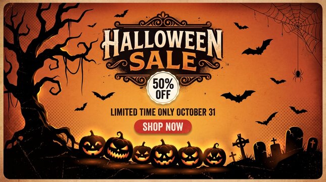 Halloween Sale banner illustration with pumpkins, cemetery and flying bats on orange background. Vector Holiday design template with typography lettering for offer, coupon, celebration banner