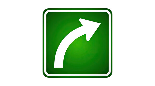 A vibrant green road sign displaying a curved arrow indicating a turn presented as an isolated object on isolated on transparent background
