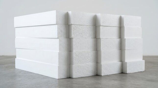 Stack of white expanded polystyrene foam sheets isolated on white background, insulation material
