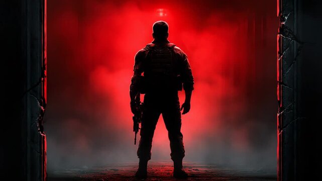 Cyborg Soldier Silhouette Framed by Doorway