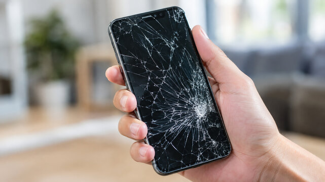 A hand holds a smartphone with a severely cracked and shattered screen, set against a blurred indoor background.