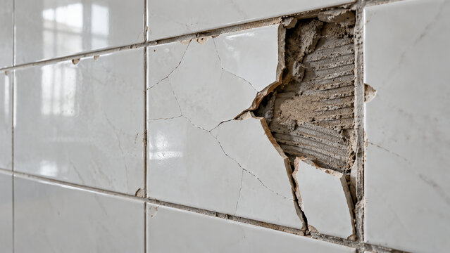 A white tiled wall with visible cracks and a large damaged section revealing the underlying concrete and structure.