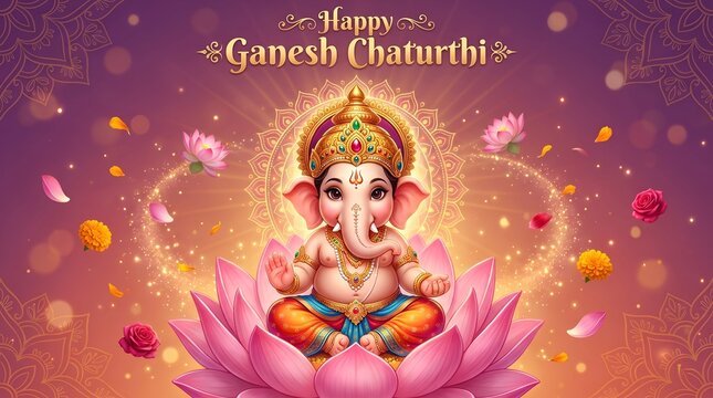 Happy ganesh chaturthi greeting with lord ganesha on lotus flower