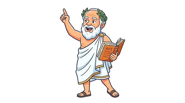 Cartoon ancient Greek philosopher holding book and pointing, isolated on white background
