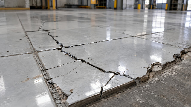 Cracked and damaged tile floor in an industrial or warehouse setting showing significant wear and structural issues.