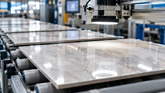 Automated machinery polishing large marble slabs in a modern factory setting.