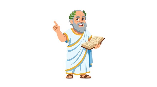 Cartoon ancient Greek philosopher holding book and pointing, isolated on white background