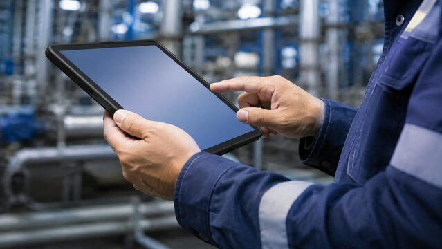 A person in industrial workwear operates a tablet device, likely managing or monitoring processes in a factory setting.