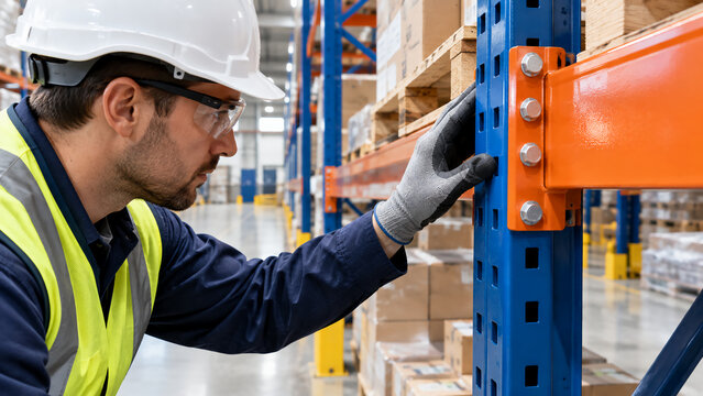 Worker in safety gear inspecting storage racks in a warehouse filled with stacked boxes.