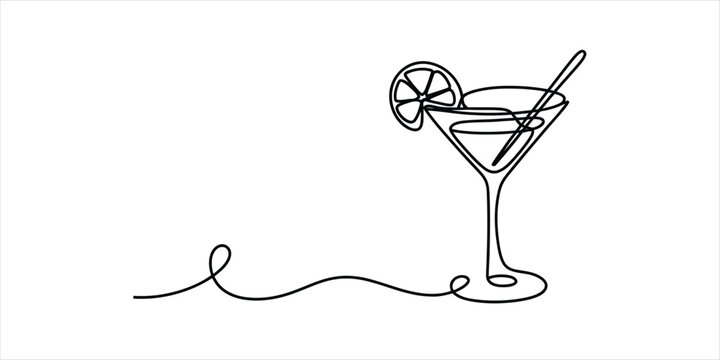 Continuous single line drawing of a martini cocktail glass with a slice of lemon